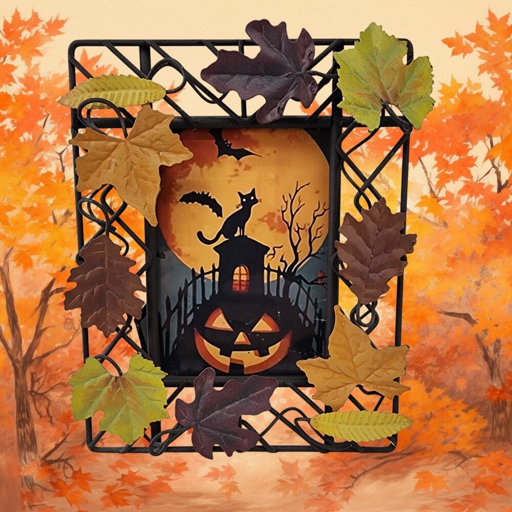 Halloween Print Art 3D Leaves On Wire Frame Black Cat Pumpkin Bats Orange Moon